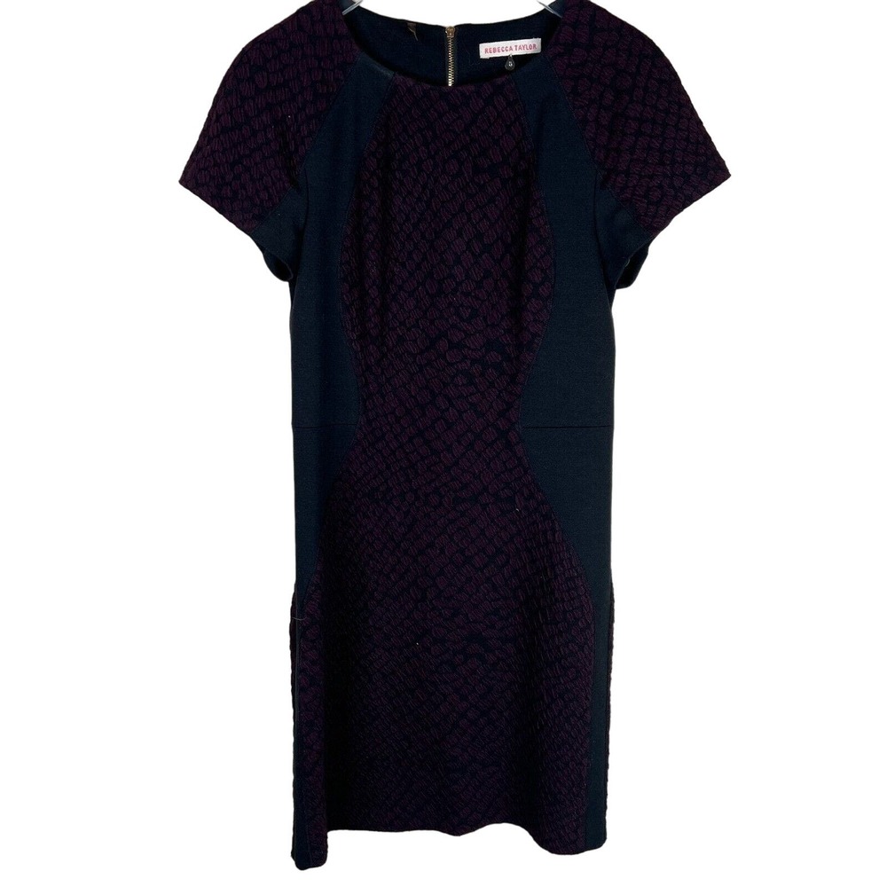 Rebecca Taylor Dress 6 Women Textured Sheath Short Sleeve Black Purple